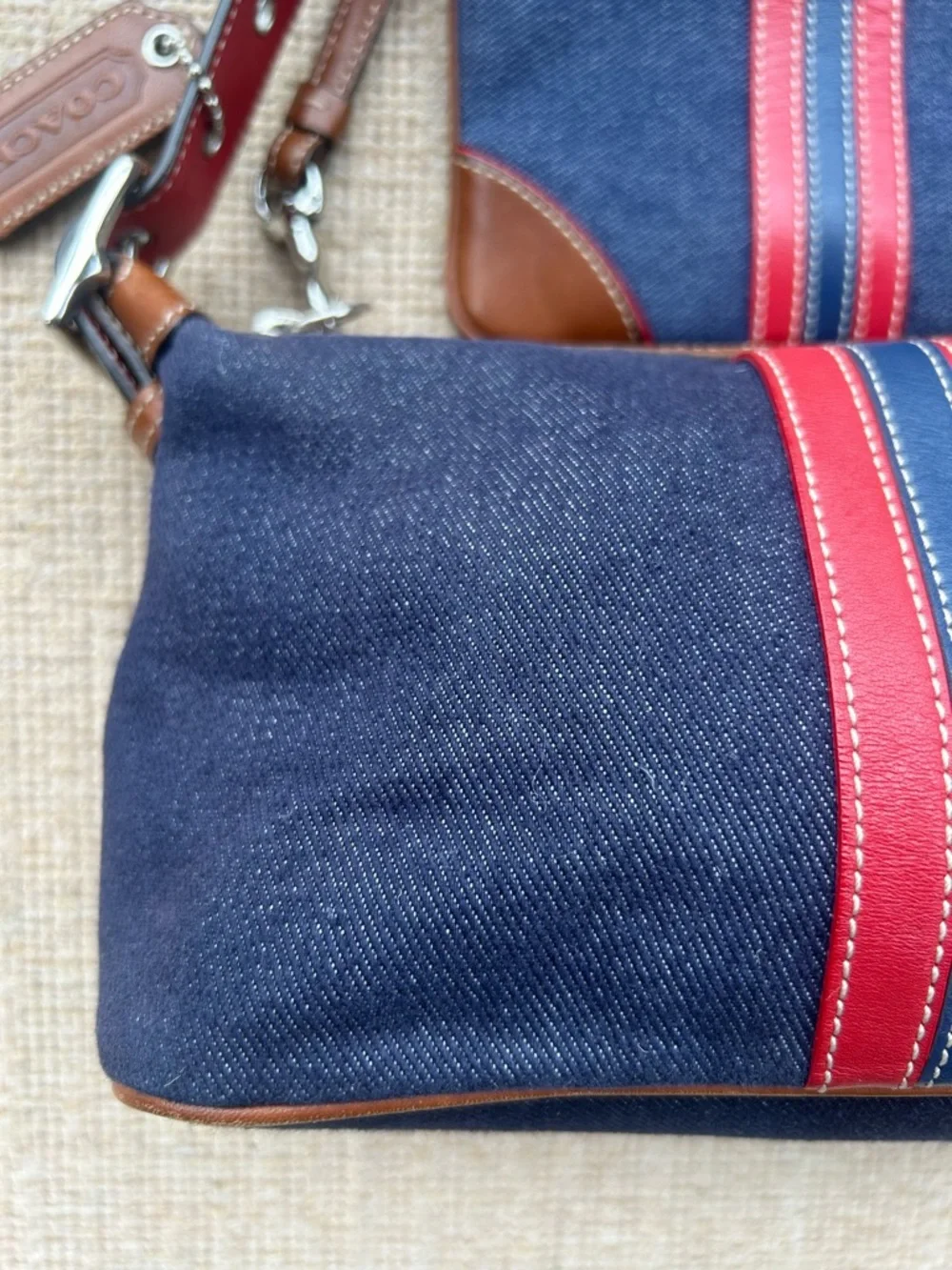 Coach Navy Canvas Shoulder Bag with Red and Pink Stripes